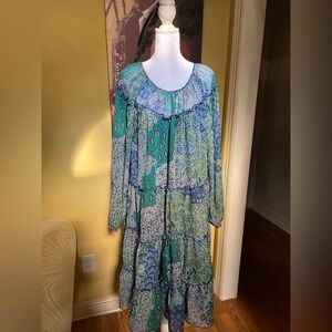 Boho Tiered Peasant Dress in Teal & Blue